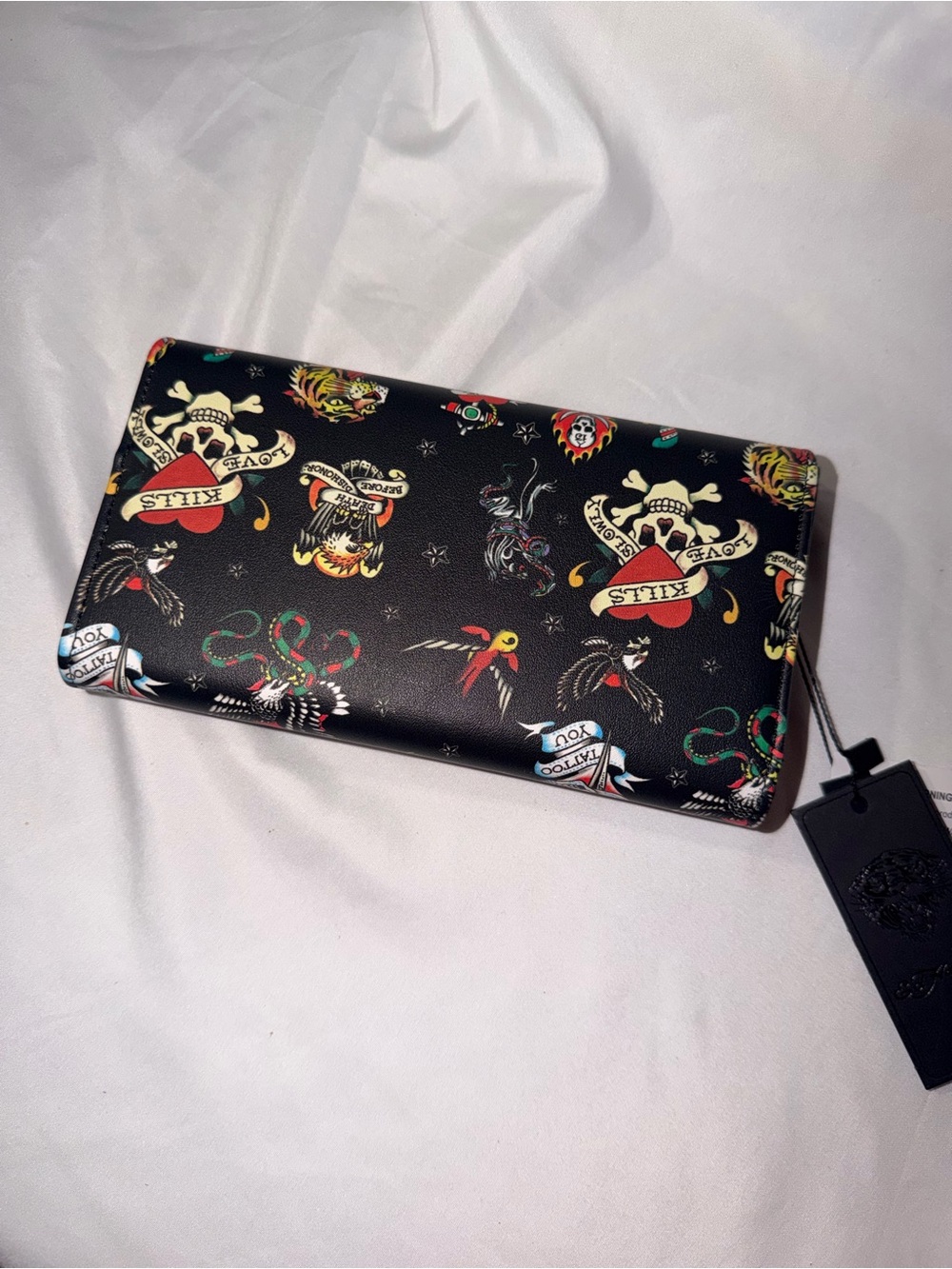 Ed Hardy Black Tattoo-Print Continental Wallet with Red & Yellow Accents - Picture 3 of 3
